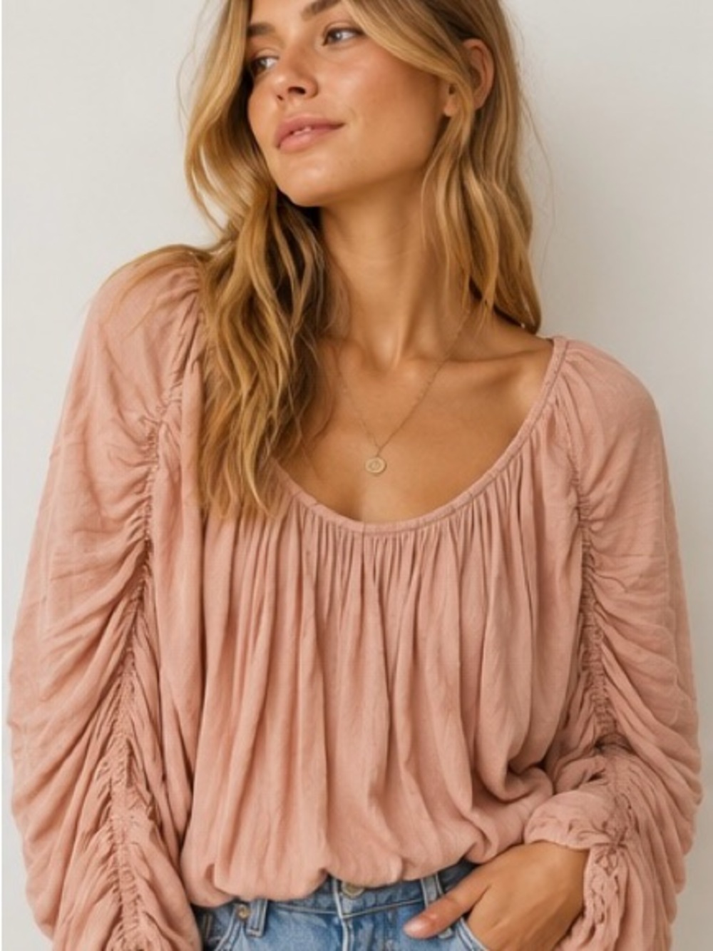 Free People Free-est Cloudy Days Blouse XS Blush Pink Ruched Boho Top